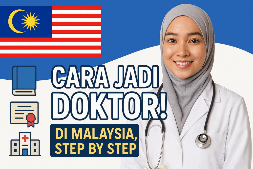 Thumbnail video cara menjadi doktor di Malaysia dengan pelajar memakai kot makmal dan latar belakang bendera Malaysia